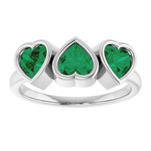 14K White Gold Lab-Grown Emerald Three-Stone Heart Ring