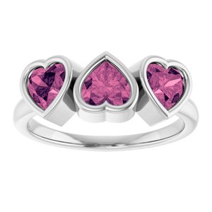 14K White Gold Natural Pink Tourmaline Three-Stone Heart Ring
