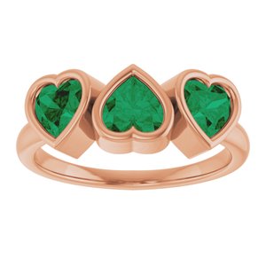 14K Rose Gold Lab-Grown Emerald Three-Stone Heart Ring