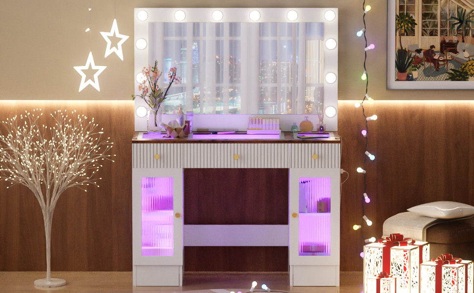 43.3' Vanity Desk with Large Mirror and Hollywood Bulbs, Modern Glass Top Makeup Vanity with Drawers and Power Outlet, Large Dressing Table with 3 Color Lighting Modes & RGB Cabinets for Bedroom