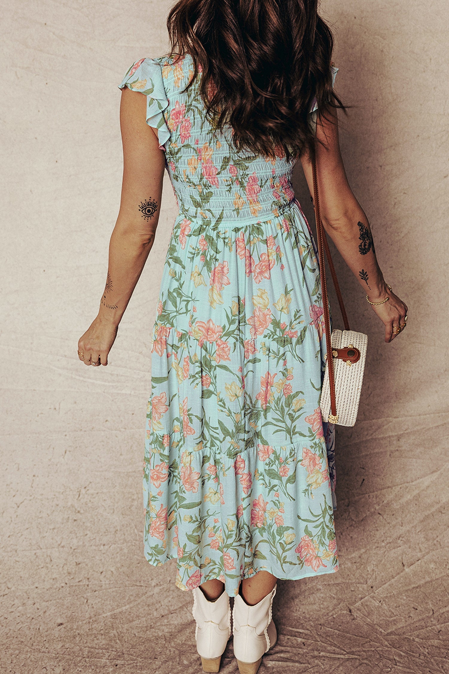 Floral Smocked V-Neck Ruffle Tiered Maxi Dress