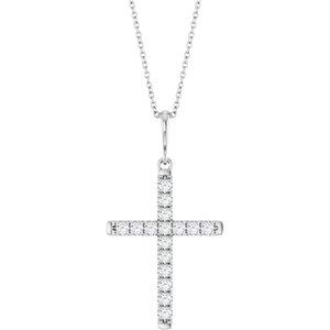 14K White Gold 3/8 CTW Lab-Grown Diamond French-Set Cross 16-18" Necklace