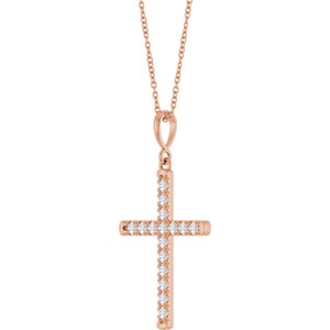 14K Rose Gold 3/8 CTW Lab-Grown Diamond French-Set Cross 16-18" Necklace