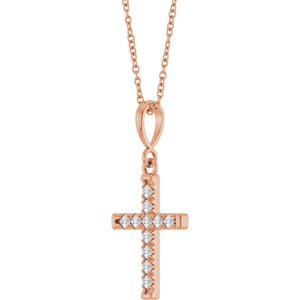 14K Rose Gold 1/5 CTW Lab-Grown Diamond French-Set Cross 16-18" Necklace