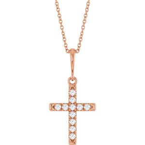 14K Rose Gold 1/5 CTW Lab-Grown Diamond French-Set Cross 16-18" Necklace