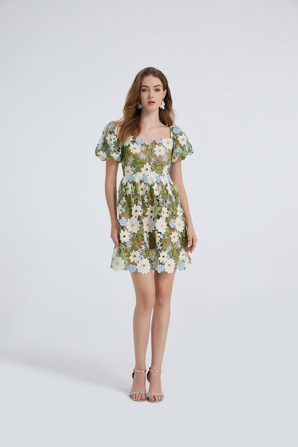 Women Summer Lace Embroidered Puff Sleeve Dress