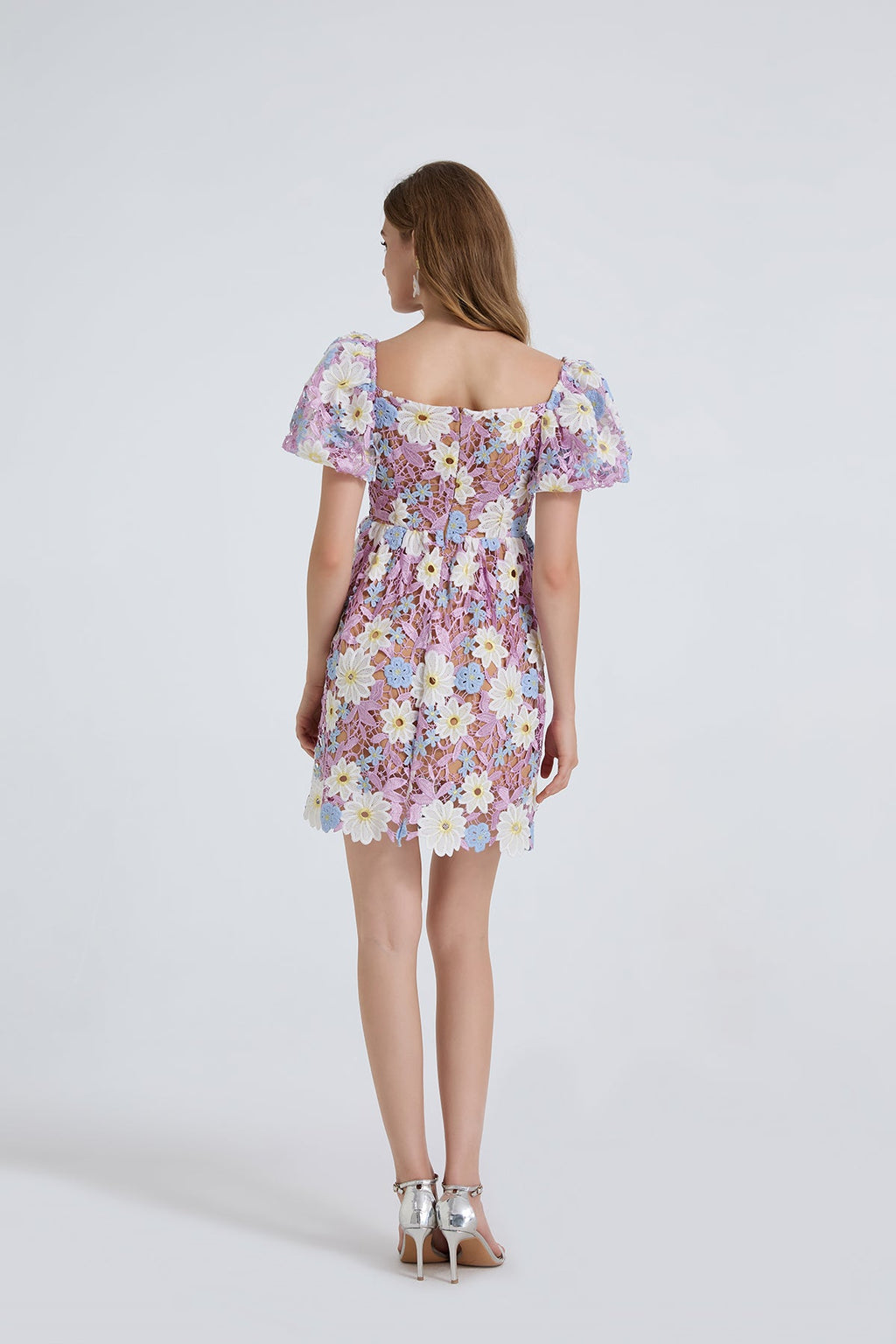 Women Summer Lace Embroidered Puff Sleeve Dress