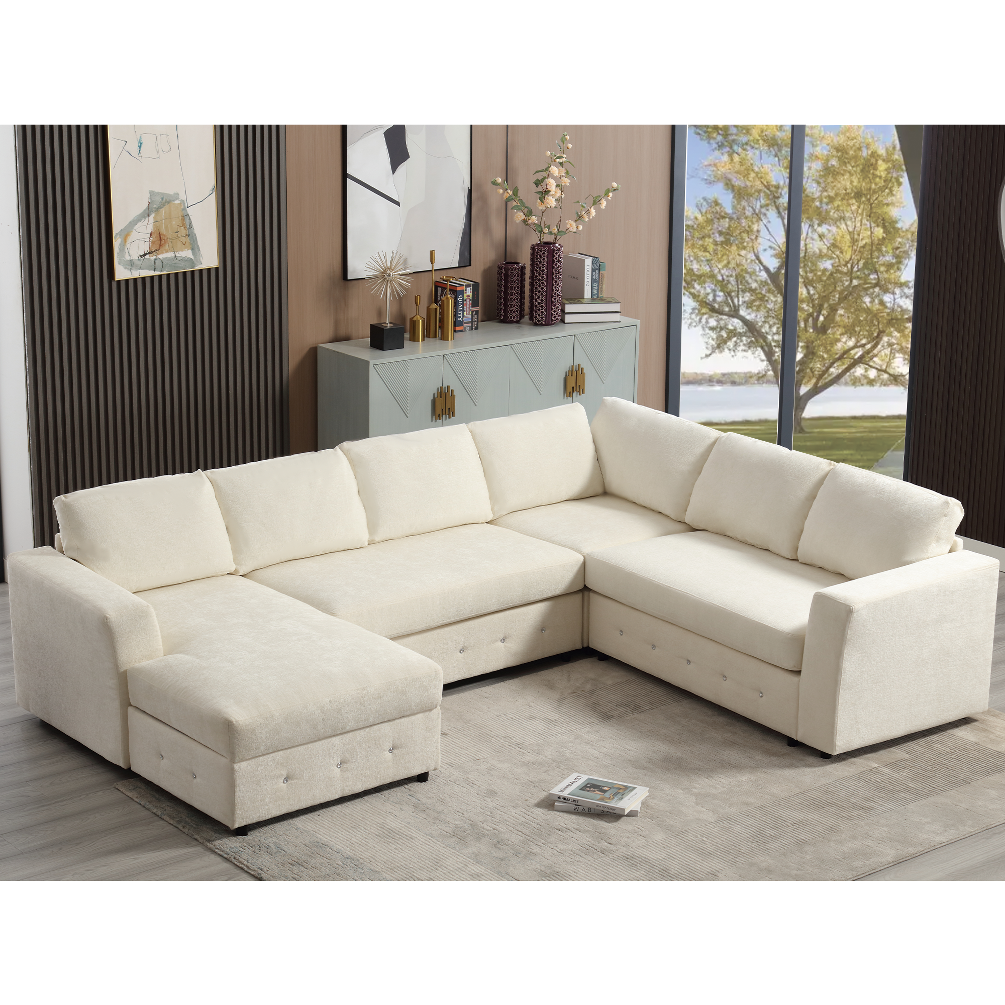 [NEW ARRIVED] [VIDEO PROVIDED]110.75' Sectional Sofa,Oversized modular sofa,Chaise Storage, Modern U Shaped  Couch , Upholstered Sofas,Chenille,Crystal button , Living Room, Apartment,  Beige