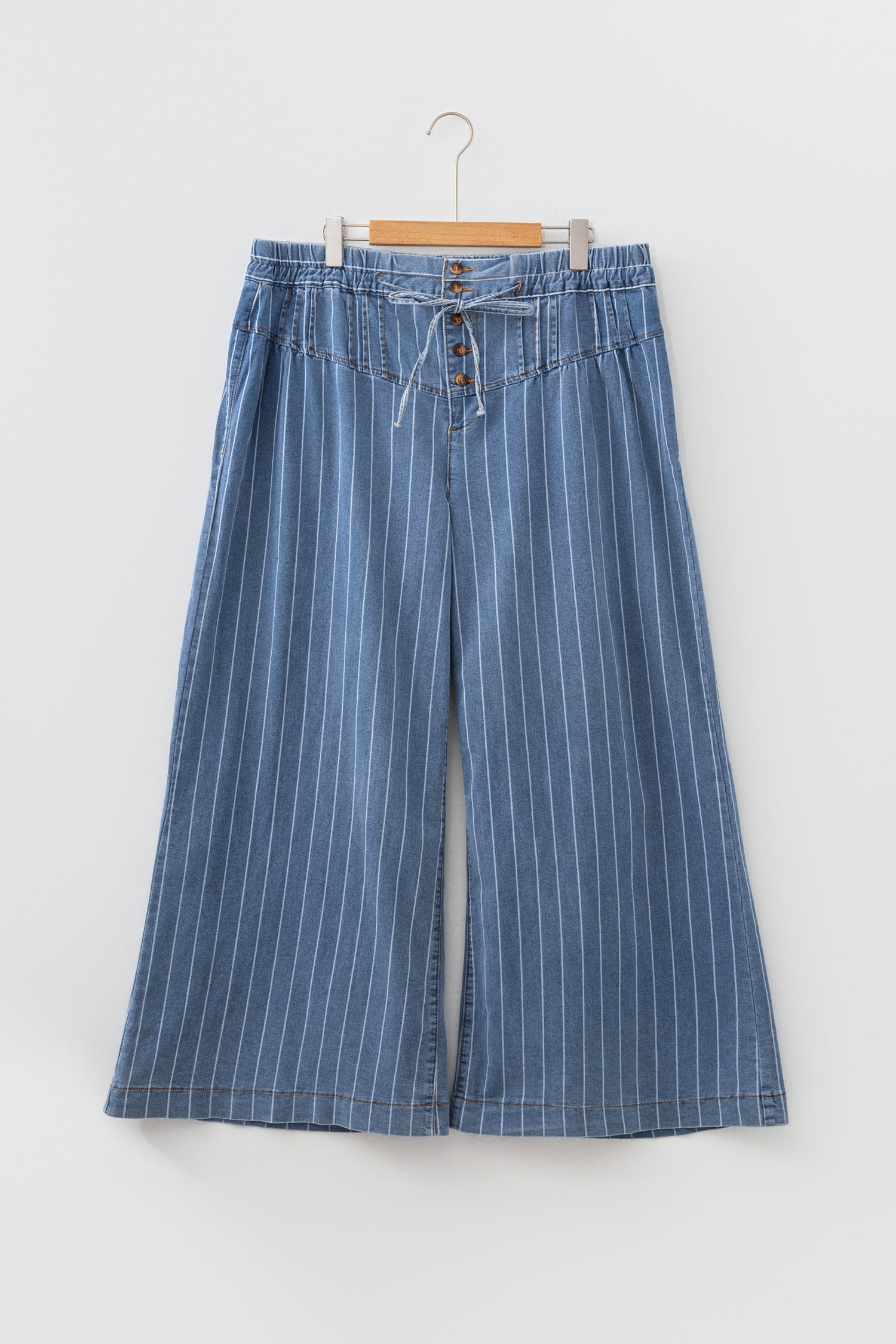 Plus Size Stripe Denim Buttoned Wide Leg Pants