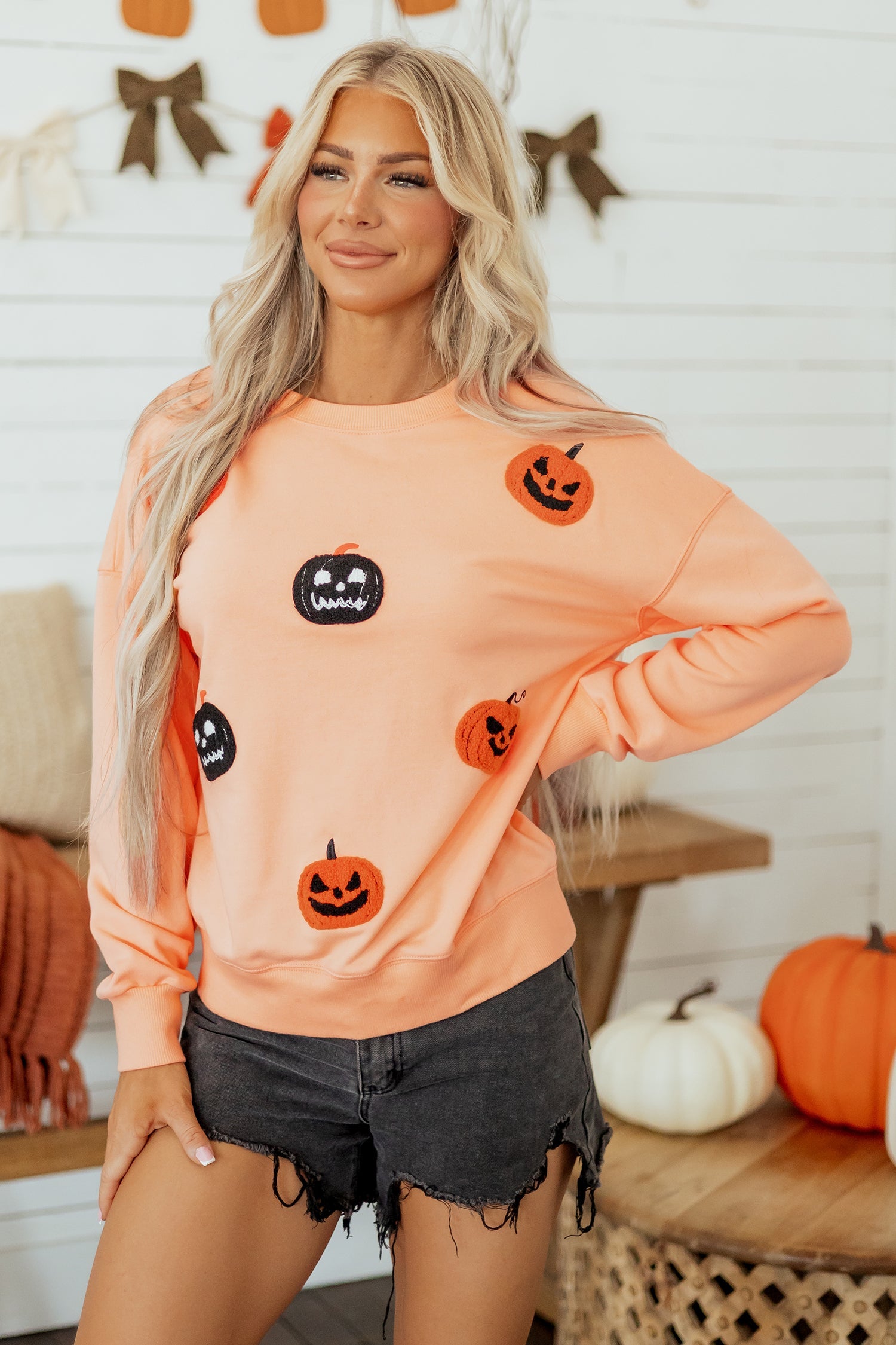Halloween Embroidered Jack-O-Lantern Drop Shoulder Sweatshirt