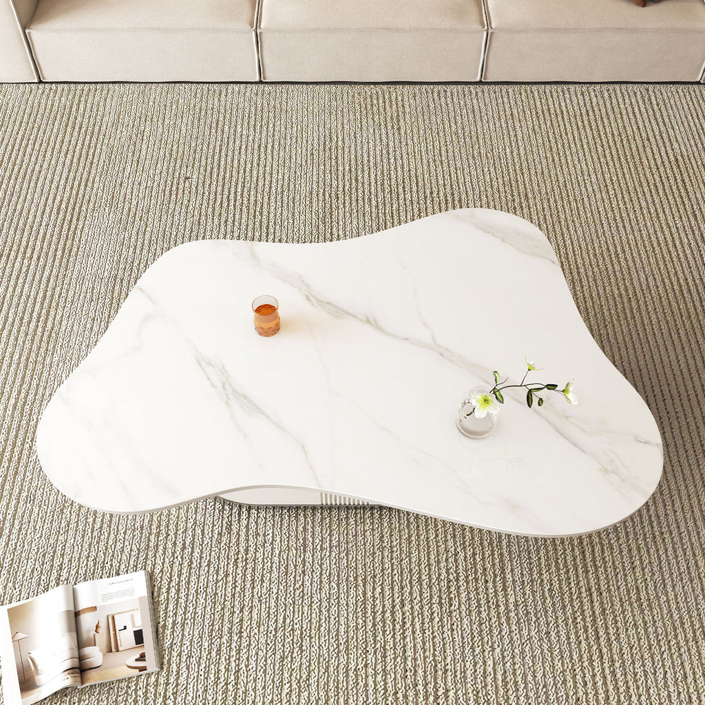 Modern Butterfly Coffee Table with Sintered Stone Top – Oval Center Table with Storage Shelf & Drawer, Stainless Steel Base & MDF Cabinet
