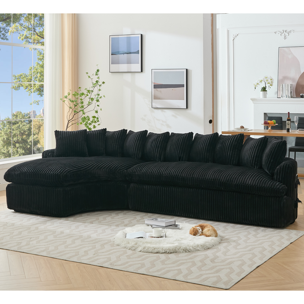 [NEW ARRIVED] [VIDEO PROVIDED]   127''  Large Sectional Sofa ,Elegant Curved Design ,High-Resilience Foam ,Ten Back Cushions,L-Shape Left Sofa,No Assembly  Required , (Black
-Soft Corduroy Fabric)