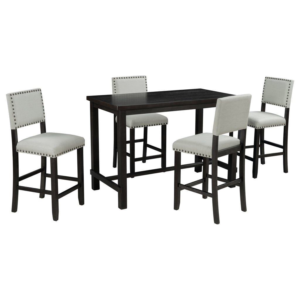 TREXM Classic Elegant 5-Piece Counter Height Dining Set with Table and 4 Chairs in Espresso and Beige