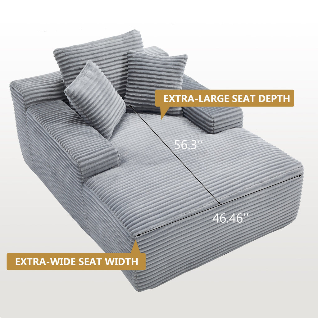 67' Chaise Lounge Chair 9.9'' Wide Armrest Indoor Corduroy Oversized Sleeper Sofa for Living Room Deep Seat Lounge and Three Soft Pillows Convertible Boneless Sofa Bed, Grey, No Assembly Required