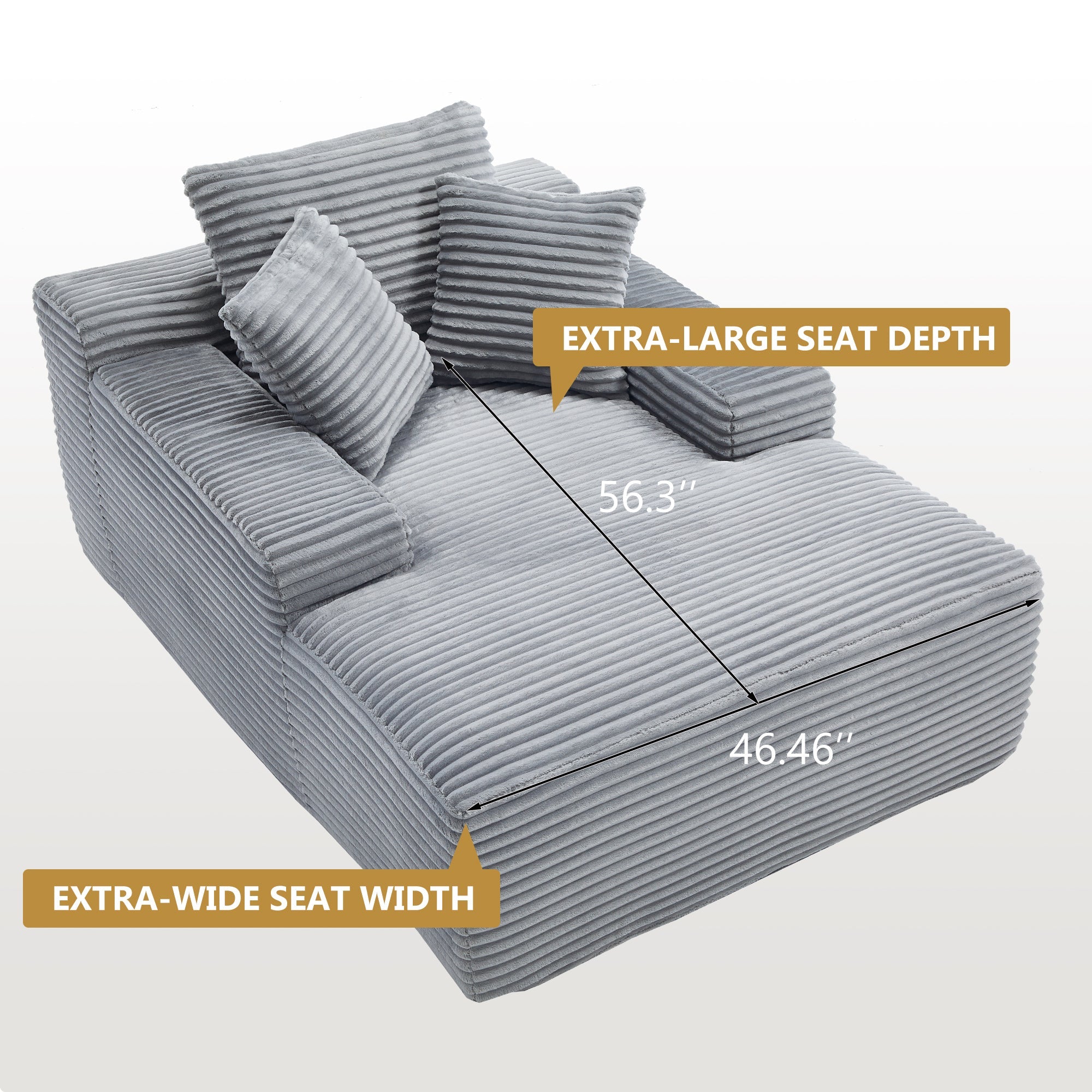 67' Chaise Lounge Chair 9.9'' Wide Armrest Indoor Corduroy Oversized Sleeper Sofa for Living Room Deep Seat Lounge and Three Soft Pillows Convertible Boneless Sofa Bed, Grey, No Assembly Required