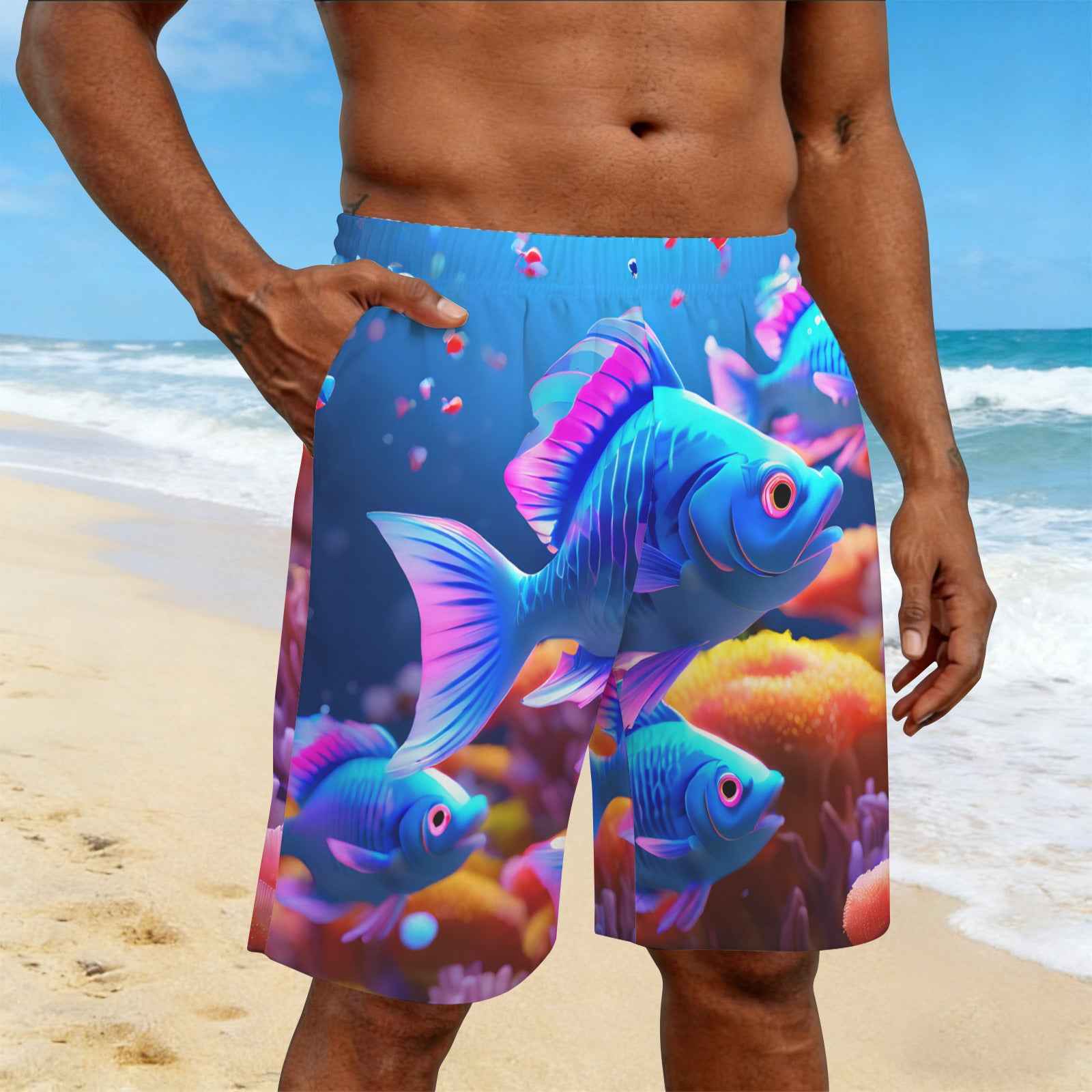 Blue Neon Fish Men's All Over Print Elastic Beach Shorts