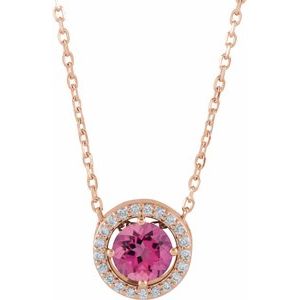14K Rose Gold Natural Pink Tourmaline & .05 CTW Natural Diamond Halo-Style 16" Necklace