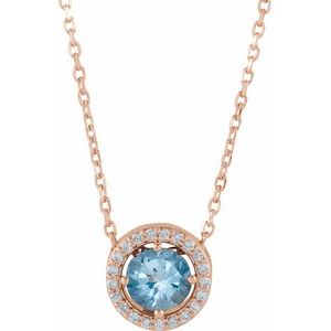 14K Rose Gold Natural Aquamarine & .05 CTW Natural Diamond Halo-Style 16" Necklace