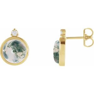 14K Yellow Gold Natural Moss Agate & .06 CTW Natural Diamond Earrings