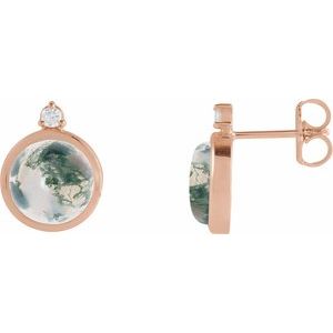 14K Rose Gold Natural Moss Agate & .06 CTW Natural Diamond Earrings