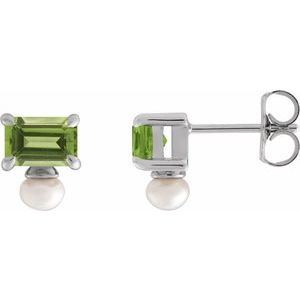Sterling Silver Natural Peridot & Cultured White Freshwater Pearl Earrings