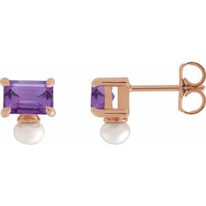 14K Rose Gold Natural Amethyst & Cultured White Freshwater Pearl Earrings