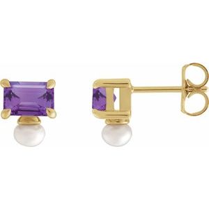 14K Yellow Gold Natural Amethyst & Cultured White Freshwater Pearl Earrings