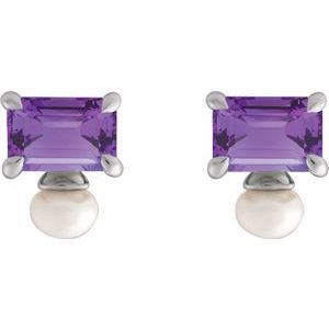 Platinum Natural Amethyst & Cultured White Freshwater Pearl Earrings – image 2