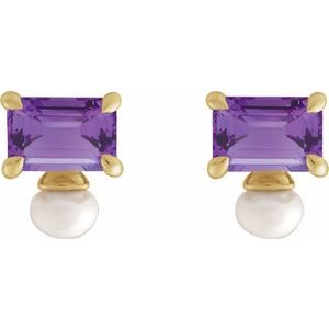 14K Yellow Gold Natural Amethyst & Cultured White Freshwater Pearl Earrings