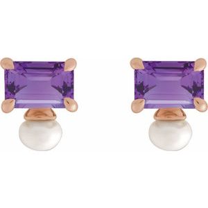 14K Rose Gold Natural Amethyst & Cultured White Freshwater Pearl Earrings