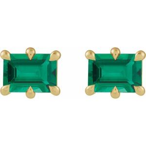 14K Yellow Gold 7x5 mm Lab-Grown Emerald Stud Earrings – image 2