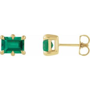 14K Yellow Gold 6x4 mm Lab-Grown Emerald Stud Earrings