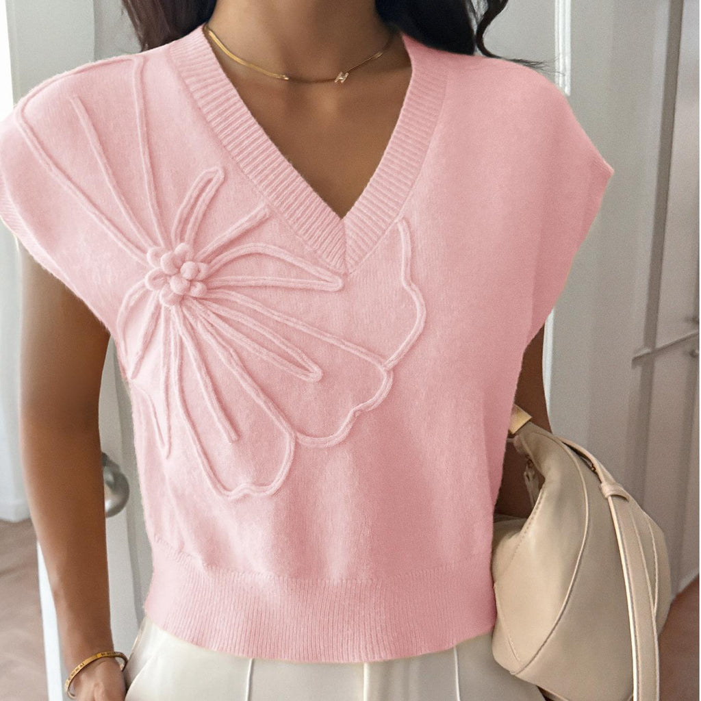Women Clothing Autumn Winter Casual Vacation Deep V Plunge Neck Solid Color Sweater with Short Sleeves