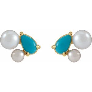 14K Yellow Gold Natural Turquoise & Cultured White Akoya Pearl Earrings