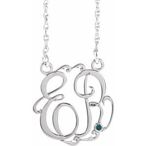 10K White Gold 15 mm 2-Initials Imitation Alexandrite Script Monogram 18" Necklace