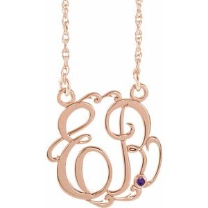 14K Rose Gold-Plated Sterling Silver 15 mm 2-Initials Imitation Amethyst Script Monogram 18" Necklace