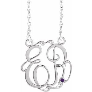 10K White Gold 15 mm 2-Initials Imitation Amethyst Script Monogram 18" Necklace