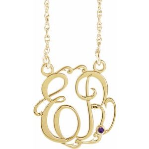 14K Yellow Gold 15 mm 2-Initials Imitation Amethyst Script Monogram 18" Necklace