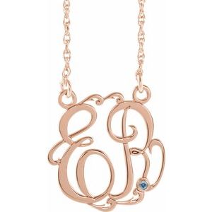 14K Rose Gold 15 mm 2-Initials Imitation Aquamarine Script Monogram 18" Necklace