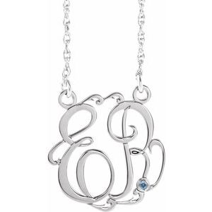 10K White Gold 15 mm 2-Initials Imitation Aquamarine Script Monogram 18" Necklace