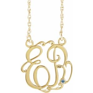 10K Yellow Gold 15 mm 2-Initials Imitation Aquamarine Script Monogram 18" Necklace