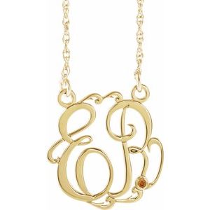 14K Yellow Gold 15 mm 2-Initials Imitation Citrine Script Monogram 18" Necklace