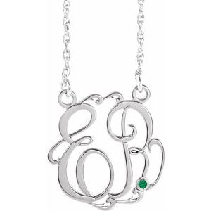 10K White Gold 15 mm 2-Initials Imitation Emerald Script Monogram 18" Necklace