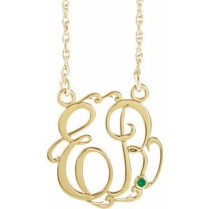 14K Yellow Gold 15 mm 2-Initials Imitation Emerald Script Monogram 18" Necklace