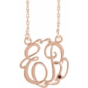 14K Rose Gold-Plated Sterling Silver 15 mm 2-Initials Imitation Mozambique Garnet Script Monogram 18" Necklace