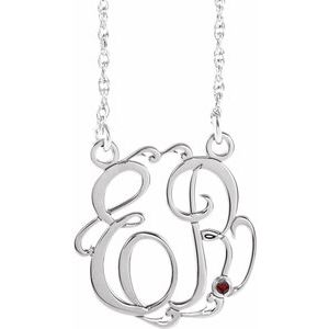 14K White Gold 15 mm 2-Initials Imitation Mozambique Garnet Script Monogram 18" Necklace