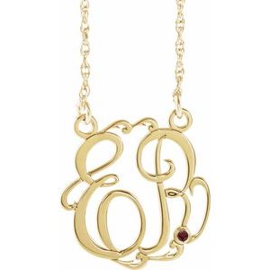 10K Yellow Gold 15 mm 2-Initials Imitation Mozambique Garnet Script Monogram 18" Necklace