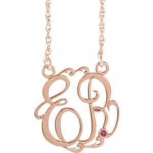 14K Rose Gold-Plated Sterling Silver 15 mm 2-Initials Imitation Pink Tourmaline Script Monogram 18" Necklace