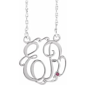 10K White Gold 15 mm 2-Initials Imitation Pink Tourmaline Script Monogram 18" Necklace