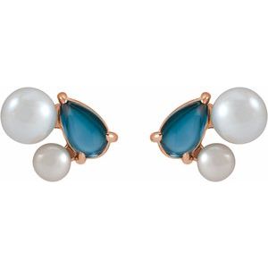 14K Rose Gold Natural London Blue Topaz & Cultured White Akoya Pearl Earrings – image 3